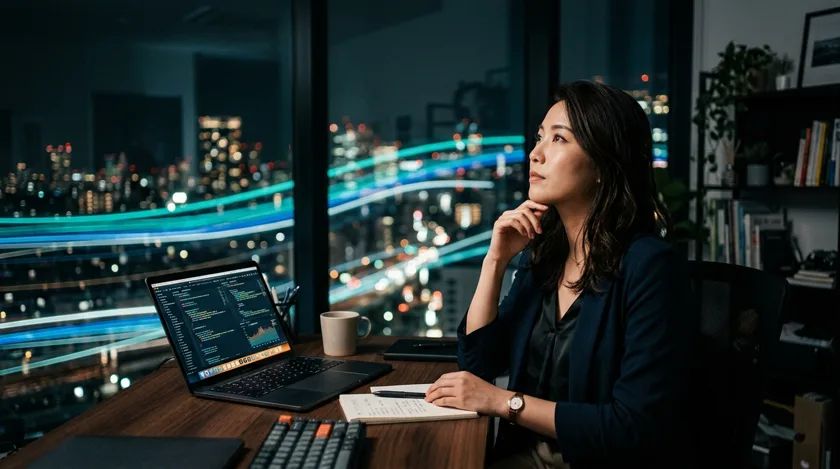 A professional at her desk at night, thinking, with a laptop and notebook in front of her